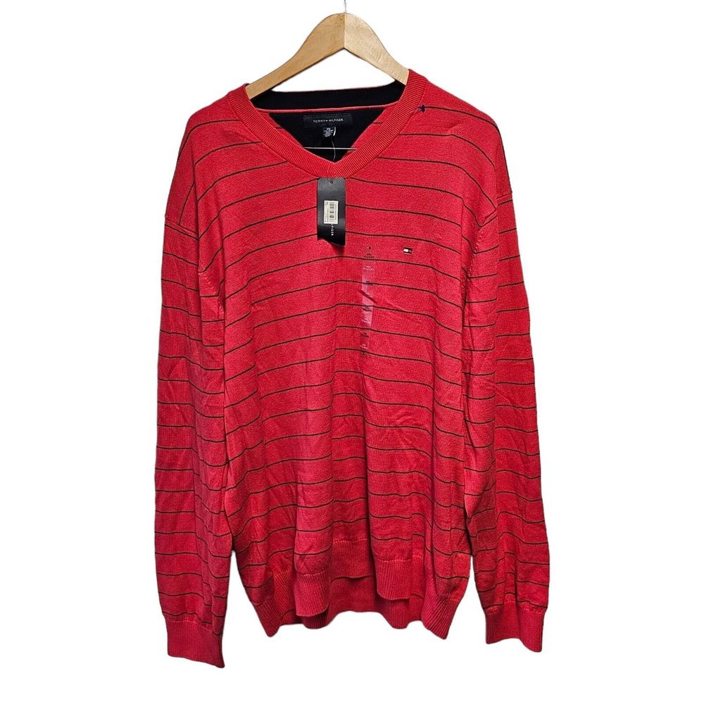 Tommy Hilfiger Red With Blue Stripes V Neck Pullover Sweater XXL